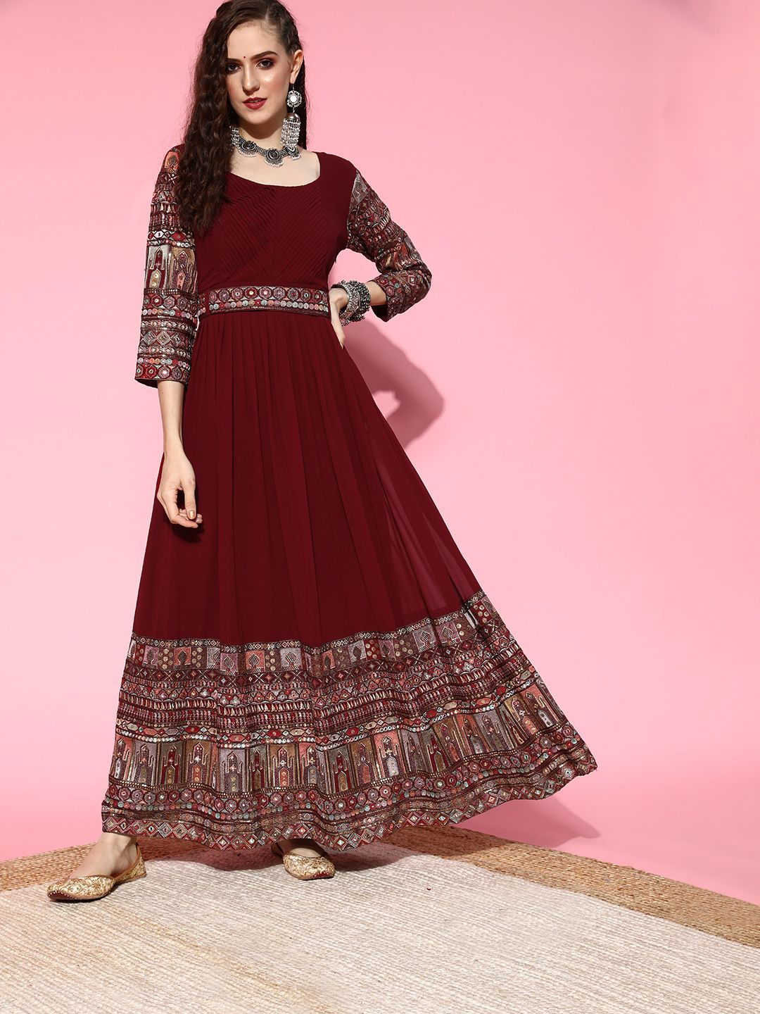 Kvsfab Women Charming Maroon Ethnic Motifs Gown for Days Price in India