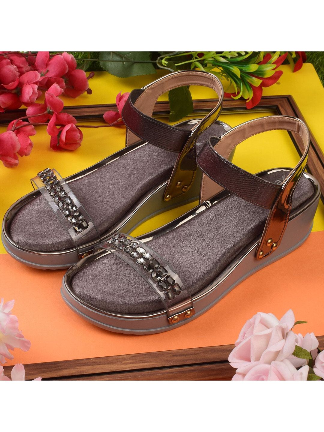 XE LOOKS Grey Embellished Party Wedge Pumps Price in India