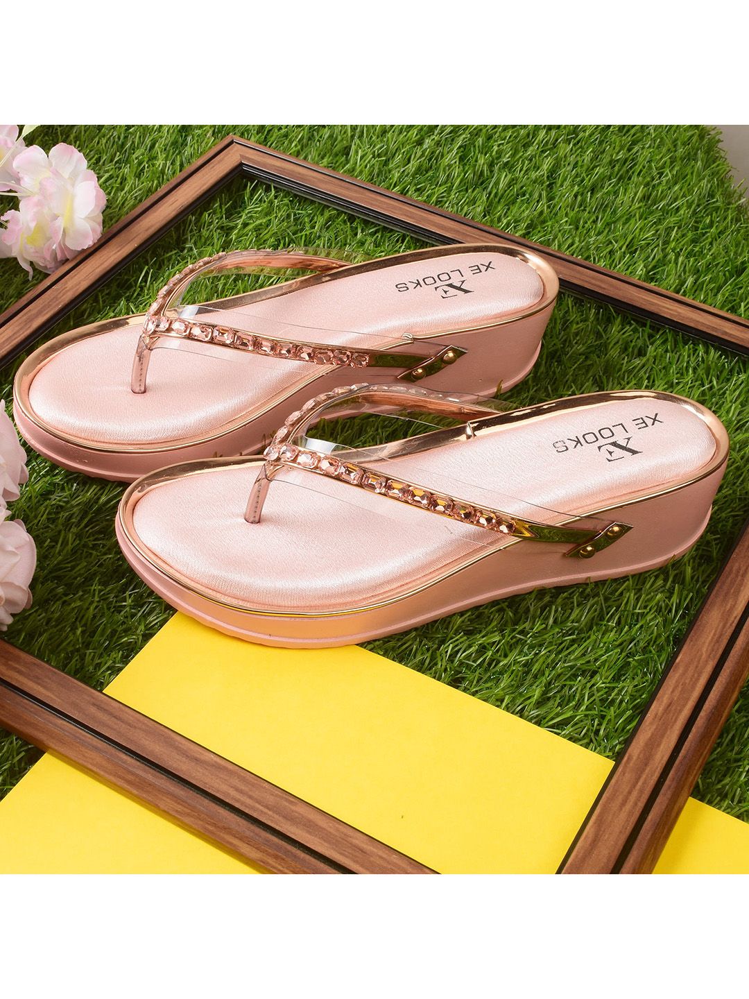 XE LOOKS Peach-Coloured Textured Party Platform Sandals Price in India