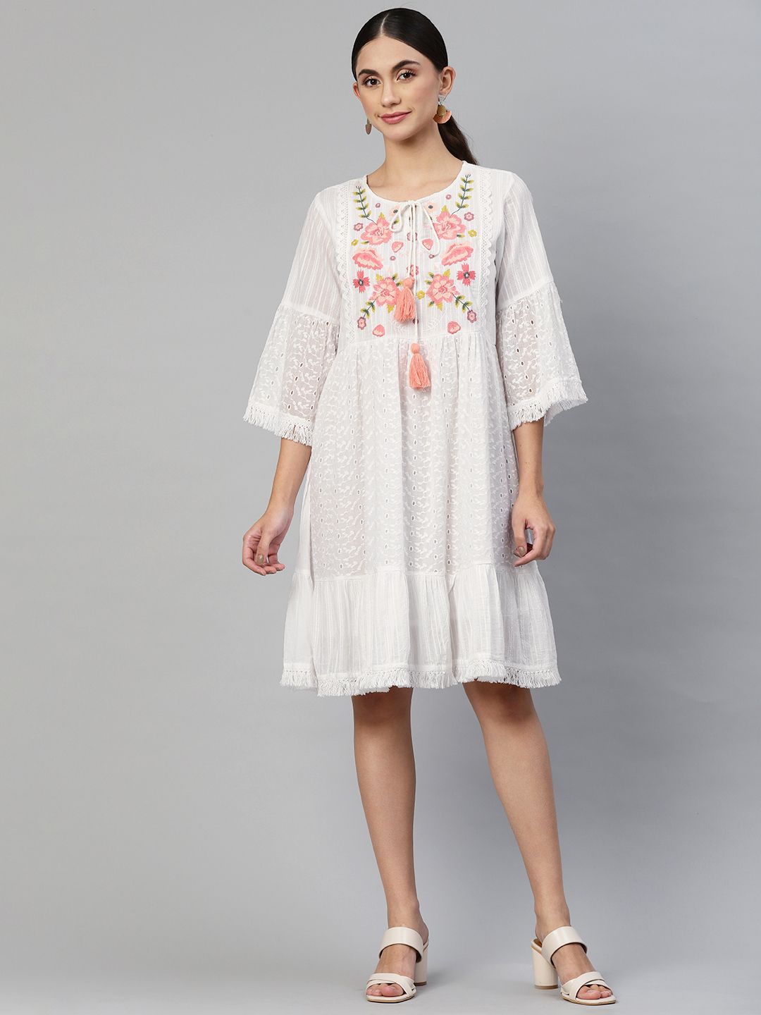 Readiprint Fashions White & Peach-Coloured Floral Embroidered Pure Cotton A-Line Dress Price in India