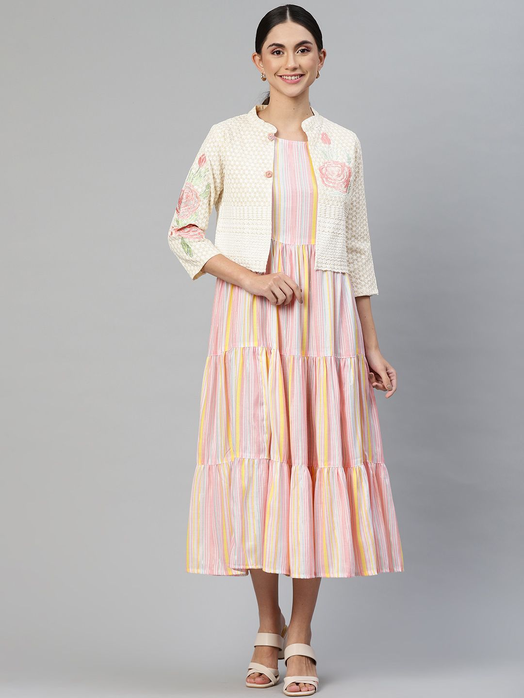 Readiprint Fashions Pink & Off White Striped A-Line Midi Dress with Jacket Price in India