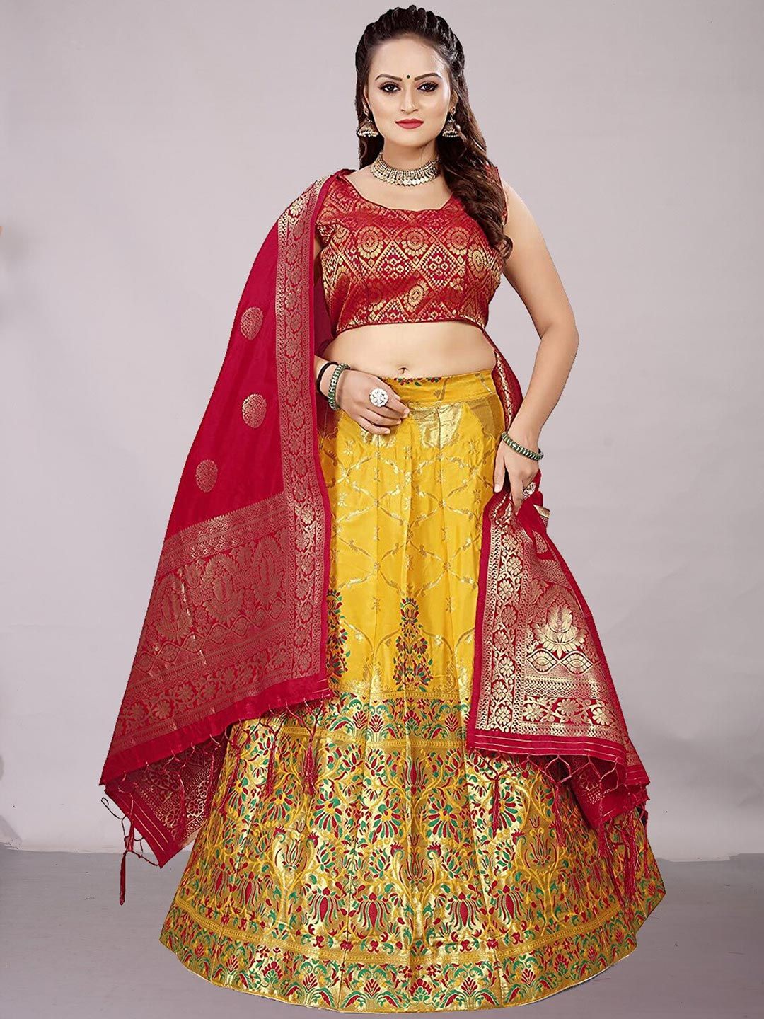 Ekta Textiles Yellow & Maroon Semi-Stitched Lehenga & Unstitched Blouse With Dupatta Price in India