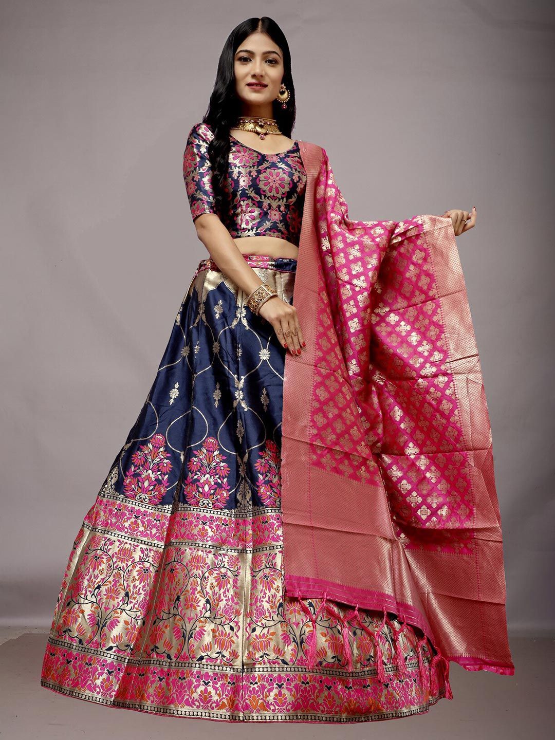 Ekta Textiles Navy Blue & Fuchsia Semi-Stitched Lehenga & Unstitched Blouse With Dupatta Price in India