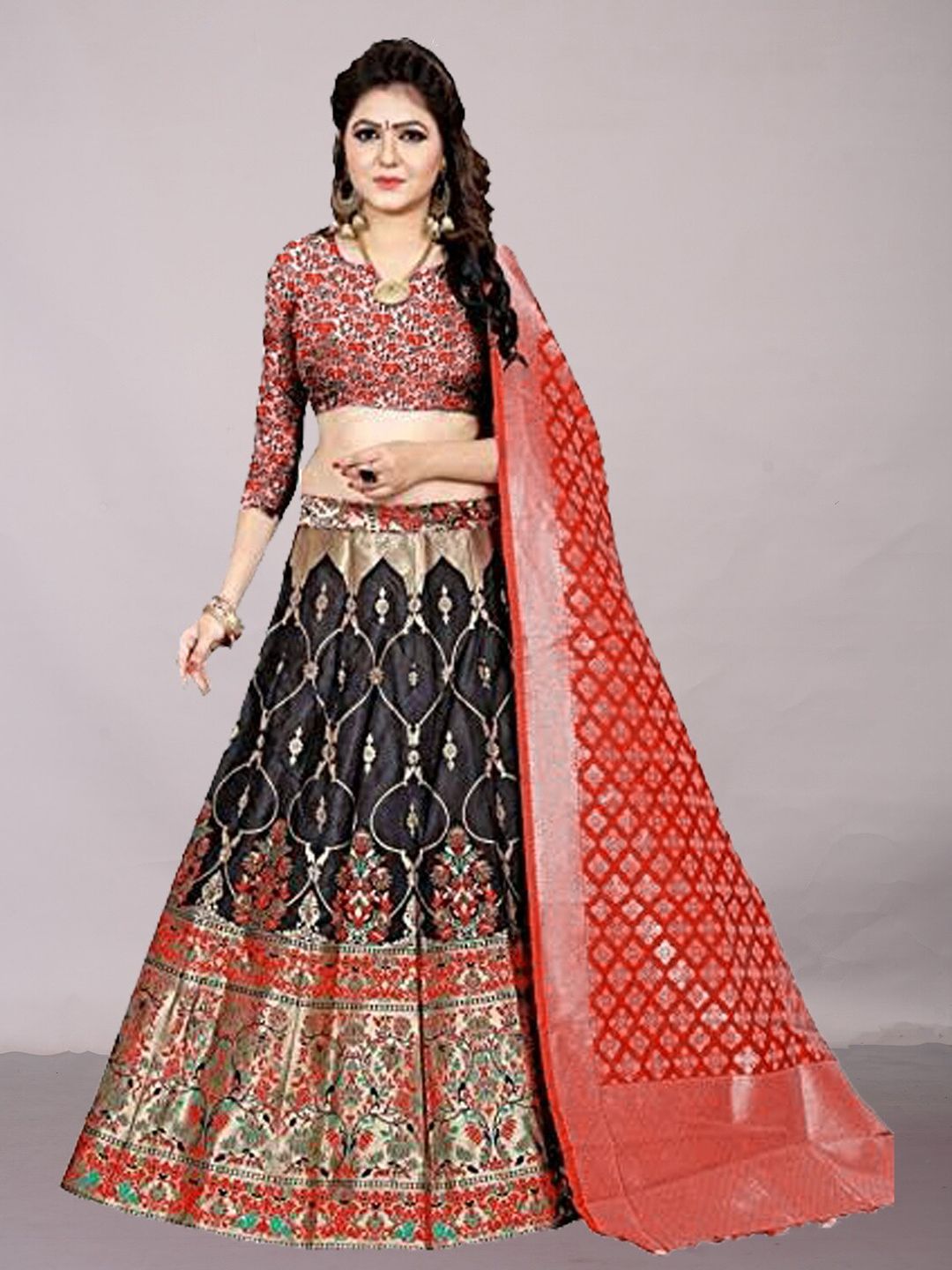 Ekta Textiles Black & Red Ikat Semi-Stitched Lehenga & Unstitched Blouse With Dupatta Price in India
