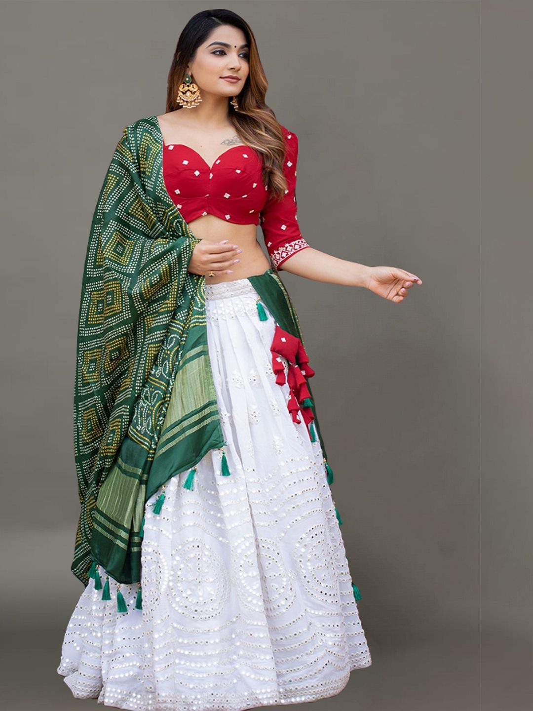 Ekta Textiles White & Red Embroidered Semi-Stitched Lehenga & Unstitched Blouse With Dupatta Price in India