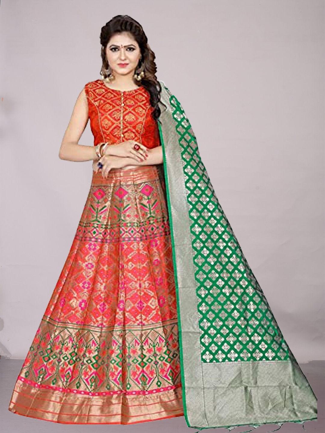 Ekta Textiles Pink & Green Semi-Stitched Lehenga & Unstitched Blouse With Dupatta Price in India