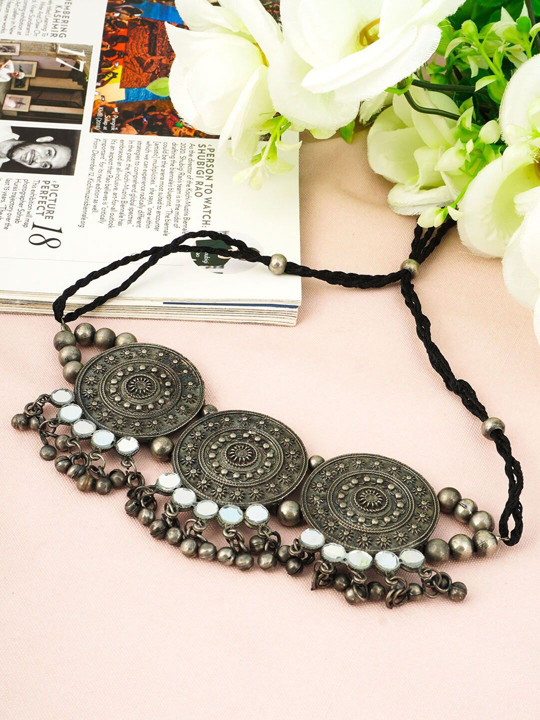 Urmika Silver-Toned & Black Oxidised Necklace Price in India