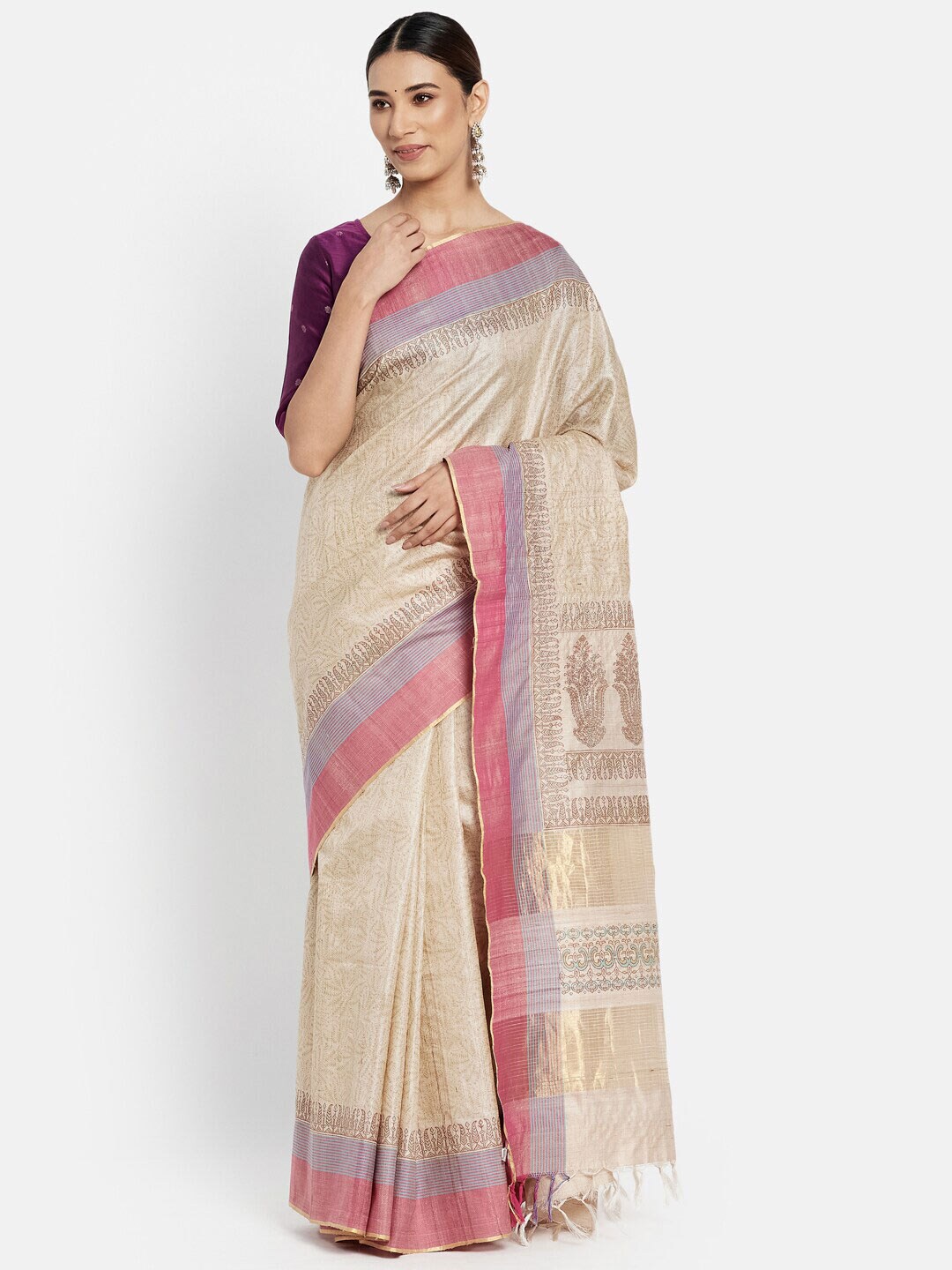 Fabindia Beige & Lavender Ethnic Motifs Pure Silk Ready to Wear Block Print Saree Price in India