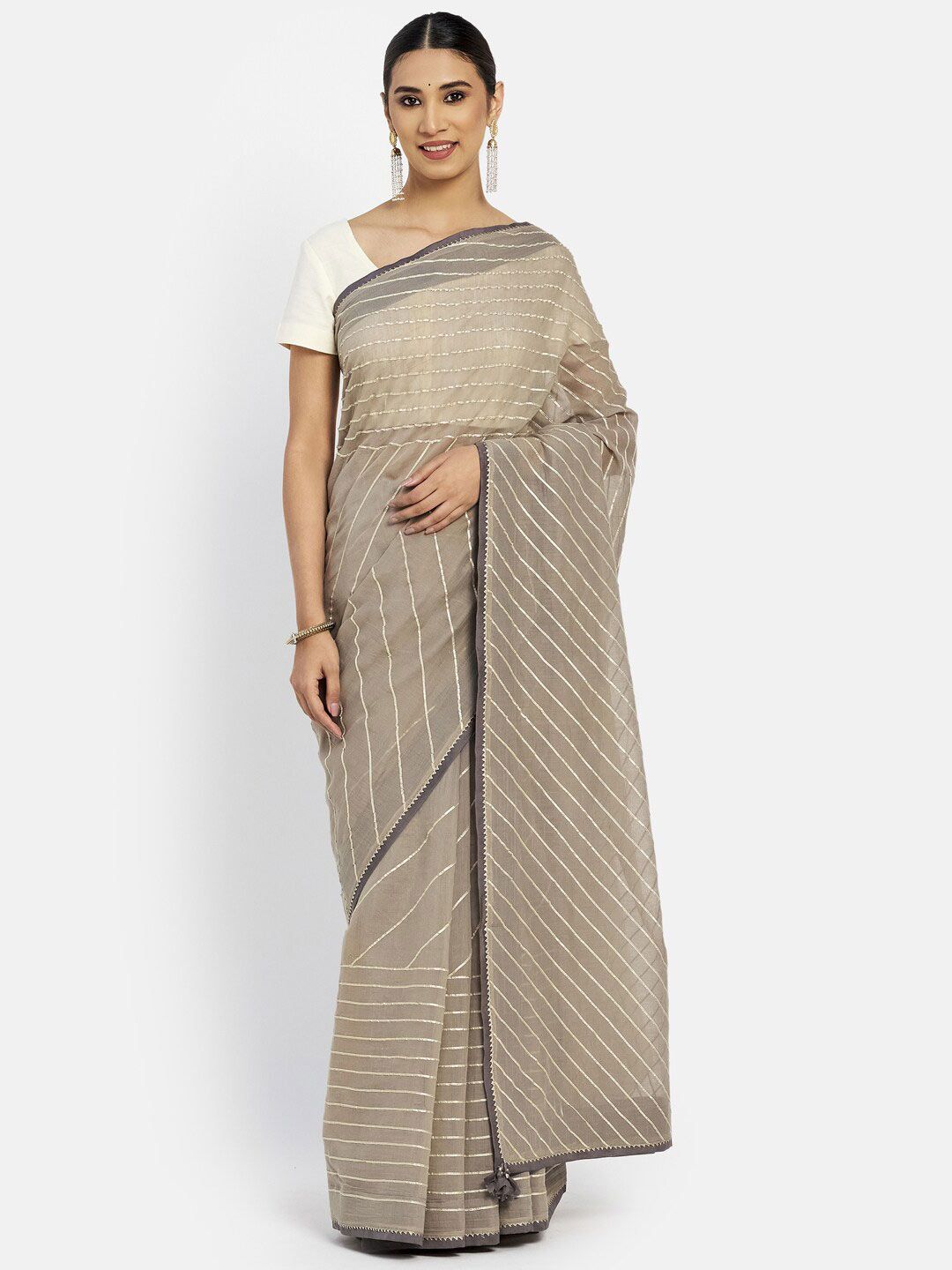 Fabindia Grey & Gold-Toned Striped Ready to Wear Saree Price in India