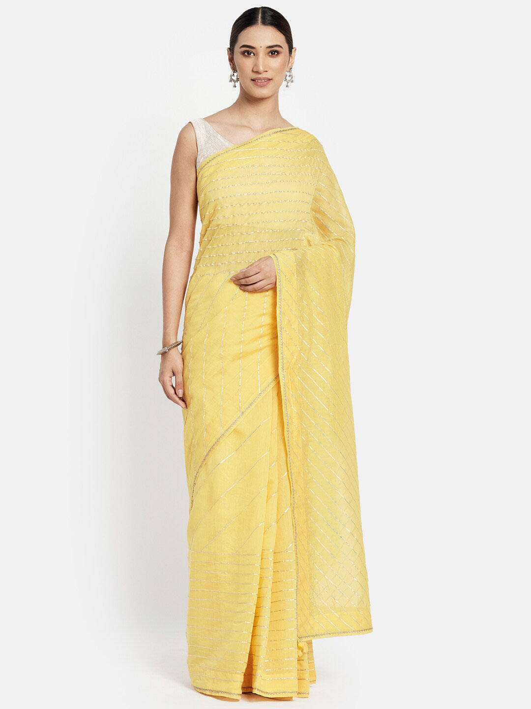 Fabindia Yellow & Gold-Toned Woven Design Embroidered Ready to Wear Saree Price in India