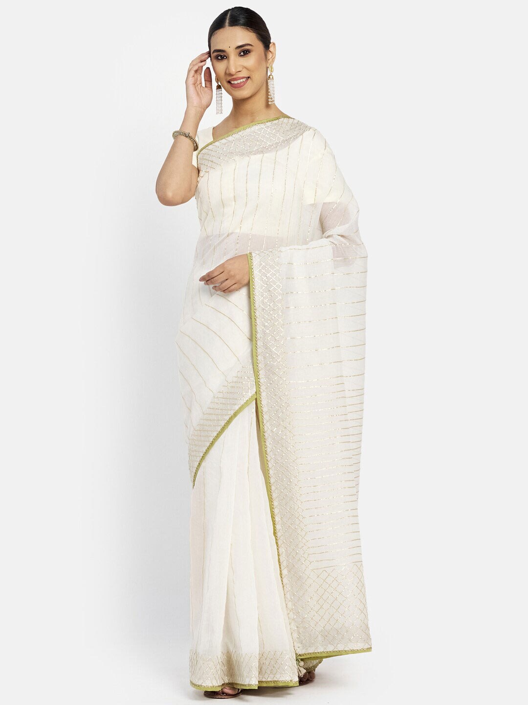 Fabindia Off White & Gold-Toned Embroidered Ready to Wear Saree Price in India