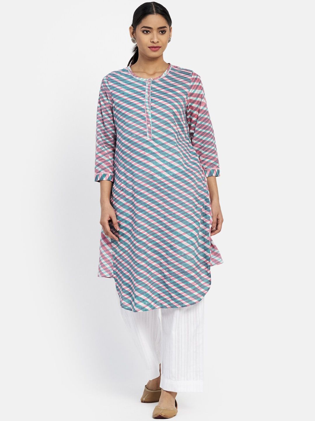 Fabindia Women Blue & Pink Striped Kurta