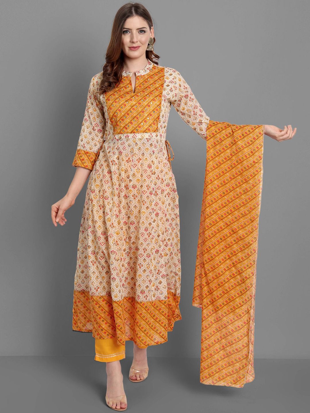 SINGNI Women Mustard Yellow Printed Kurta with Pants & Dupatta Price in India