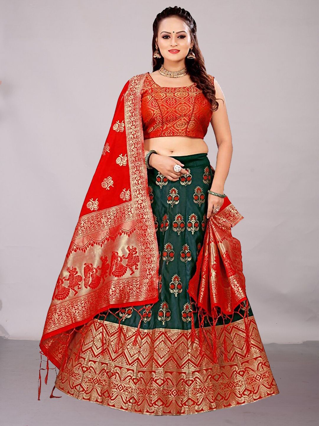 Ekta Textiles Green & Red Semi-Stitched Lehenga & Unstitched Blouse With Dupatta Price in India