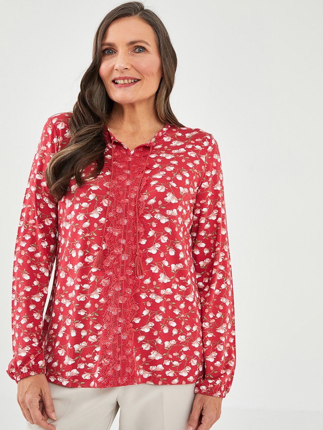 LC Waikiki Red & White Floral Print Tie-Up Neck Top
