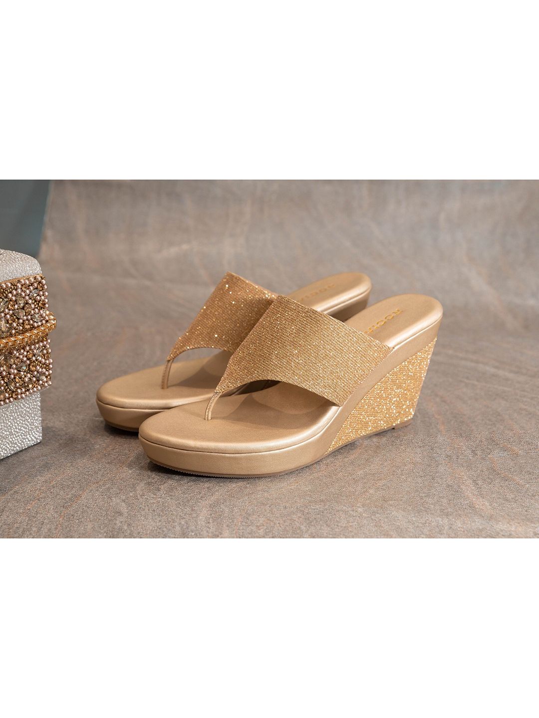 Rocia Gold-Toned Ethnic Wedge Sandals Price in India