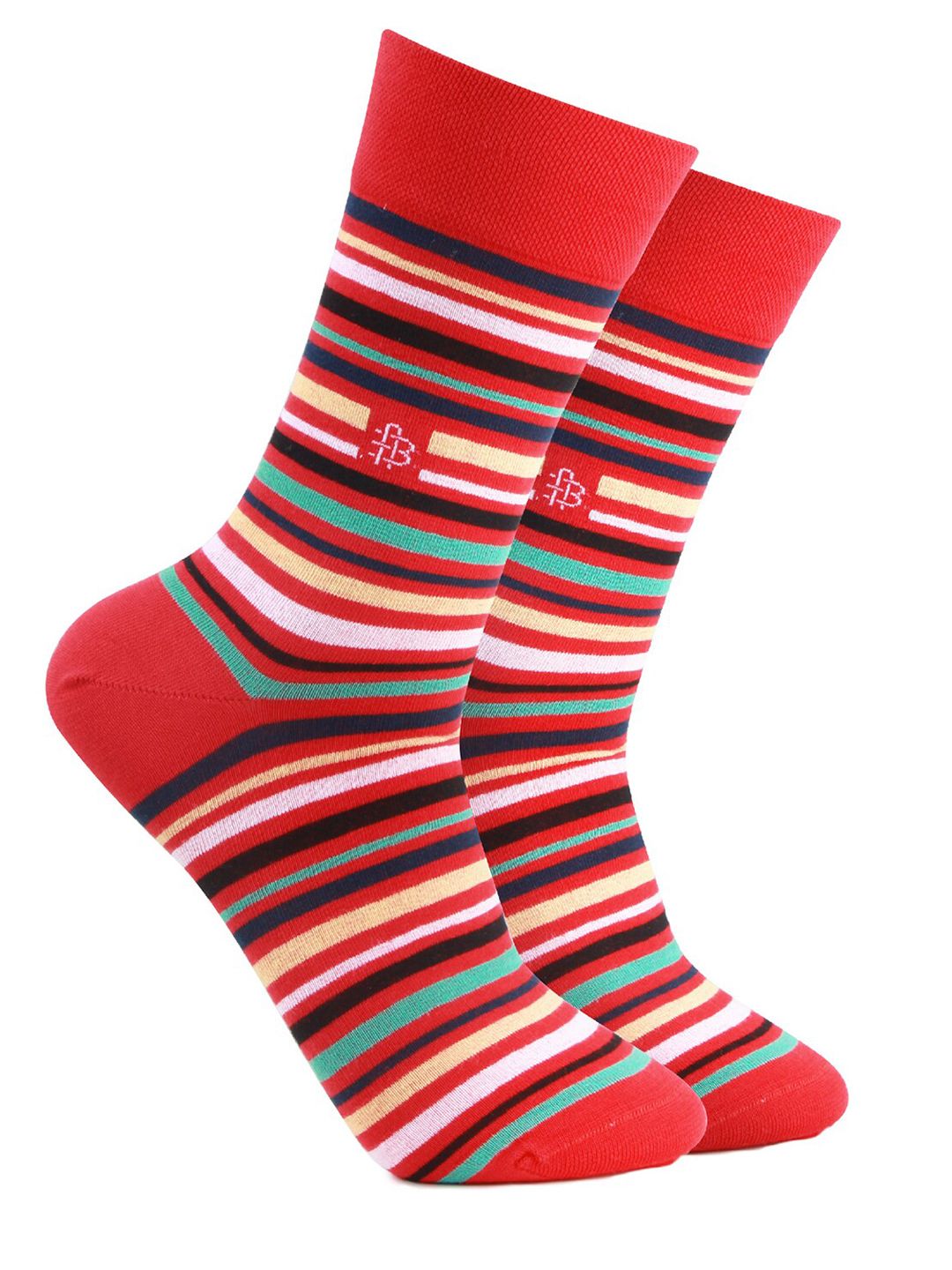 Bonjour Men Red & White Striped Calf Length Socks