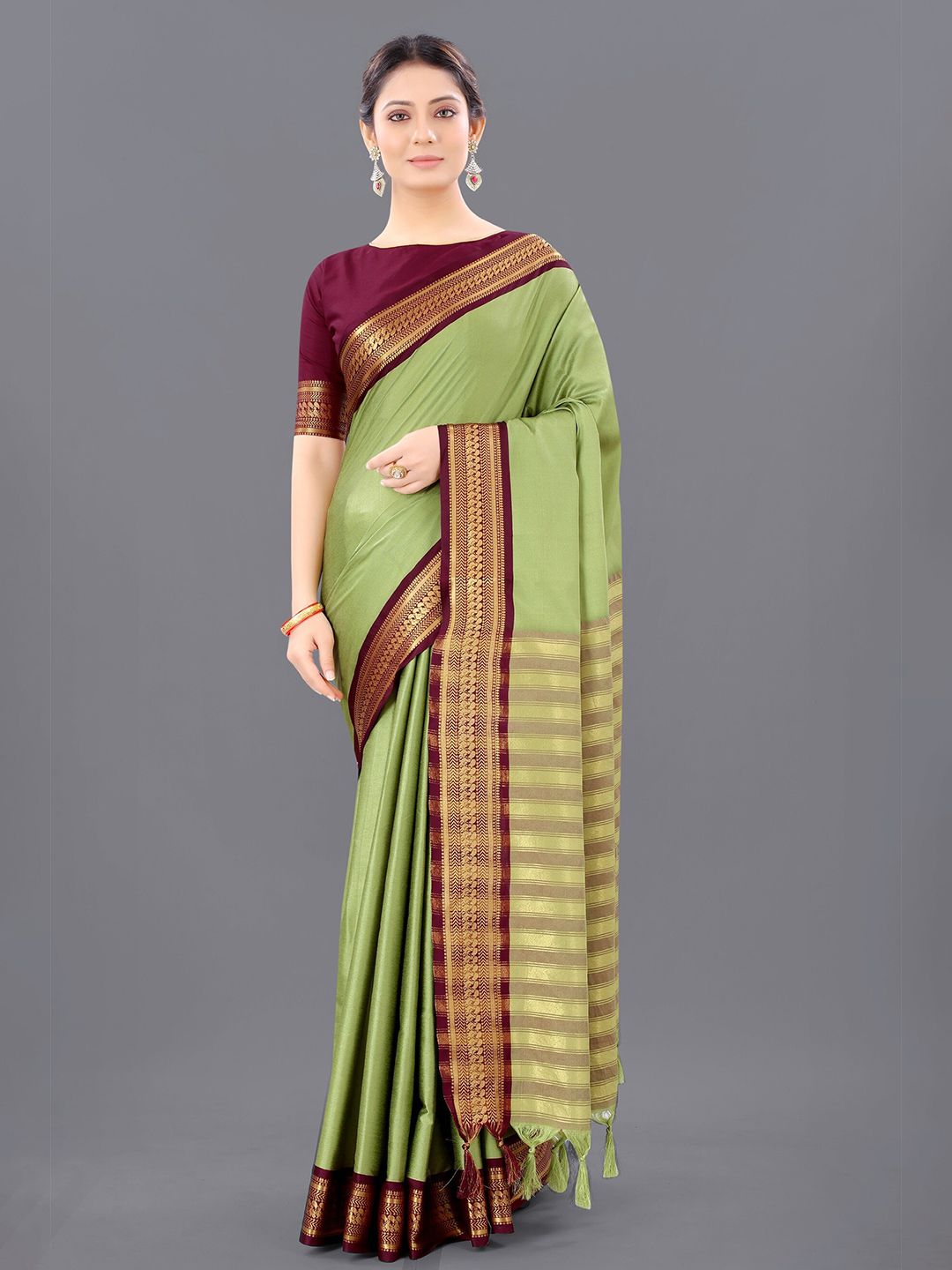 WILORI Green & Maroon Zari Silk Cotton Mysore Silk Saree