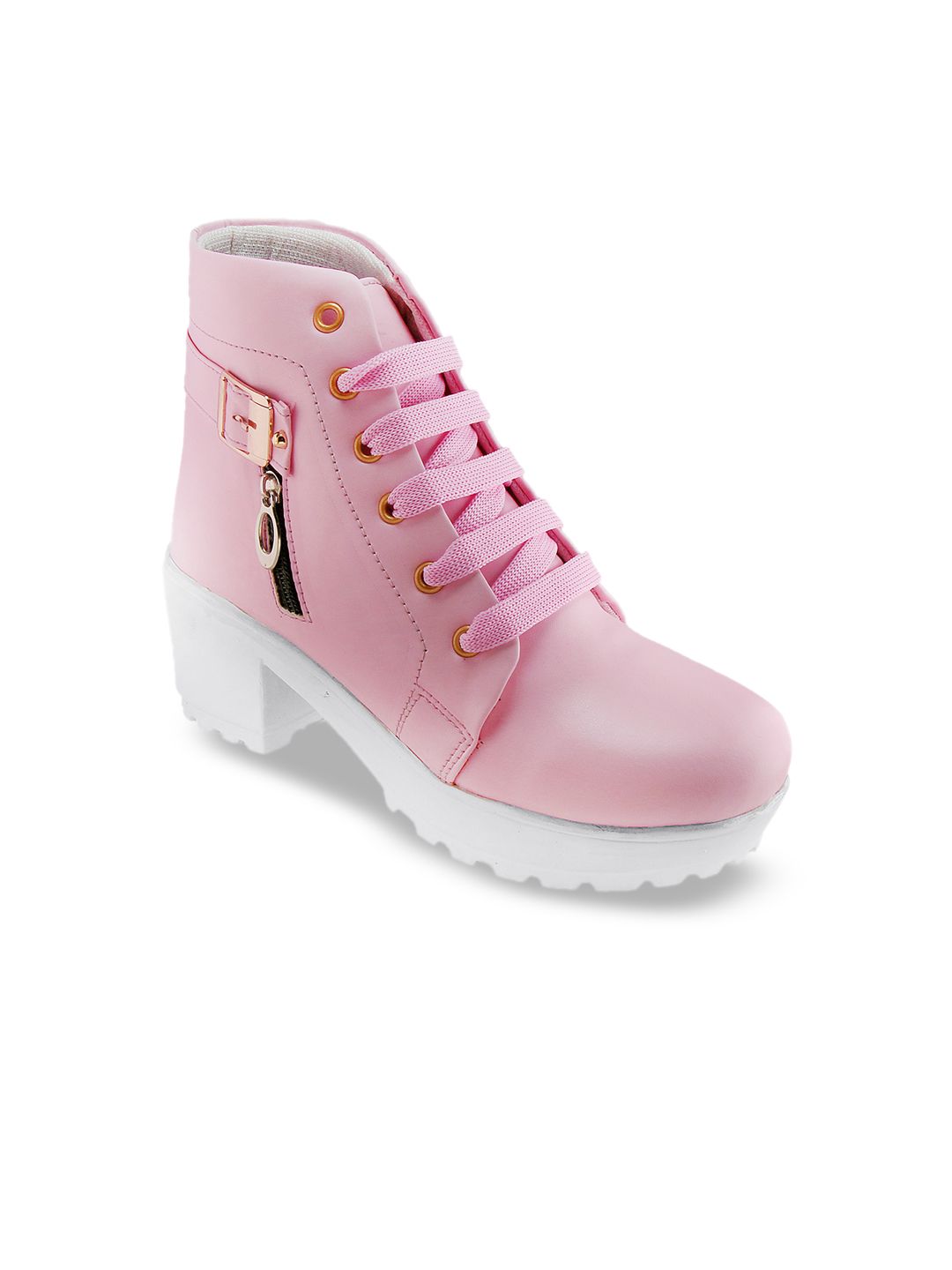 BOOTCO Women Pink & White Solid Heeled Boots Price in India