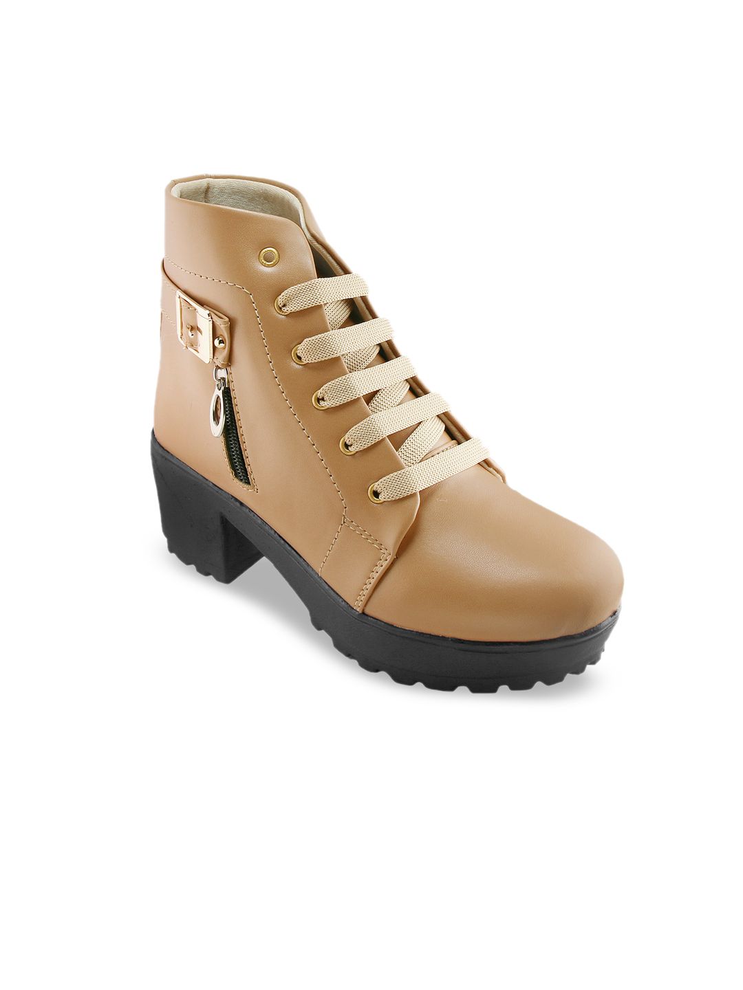 BOOTCO Women Beige & Black Solid Heeled Boots Price in India