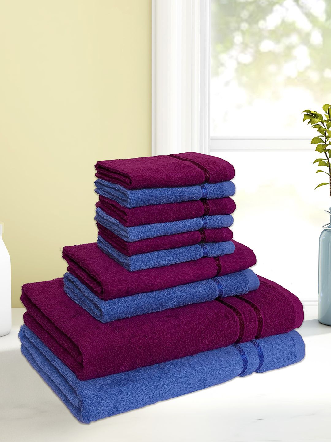 SPACES Pack Of 10 Solid 380 GSM Pure Cotton Bath, Hand & Face Towel Set Price in India