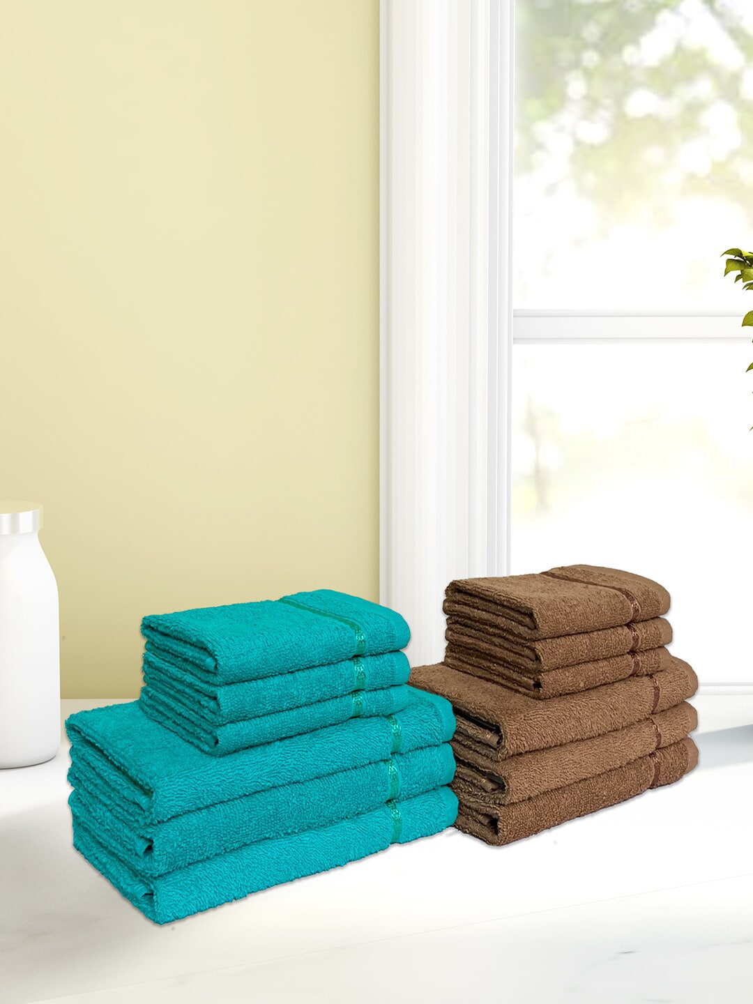 SPACES Set of 6 Sea Green  & Brown Solid Cotton 380 GSM Towel Set Price in India