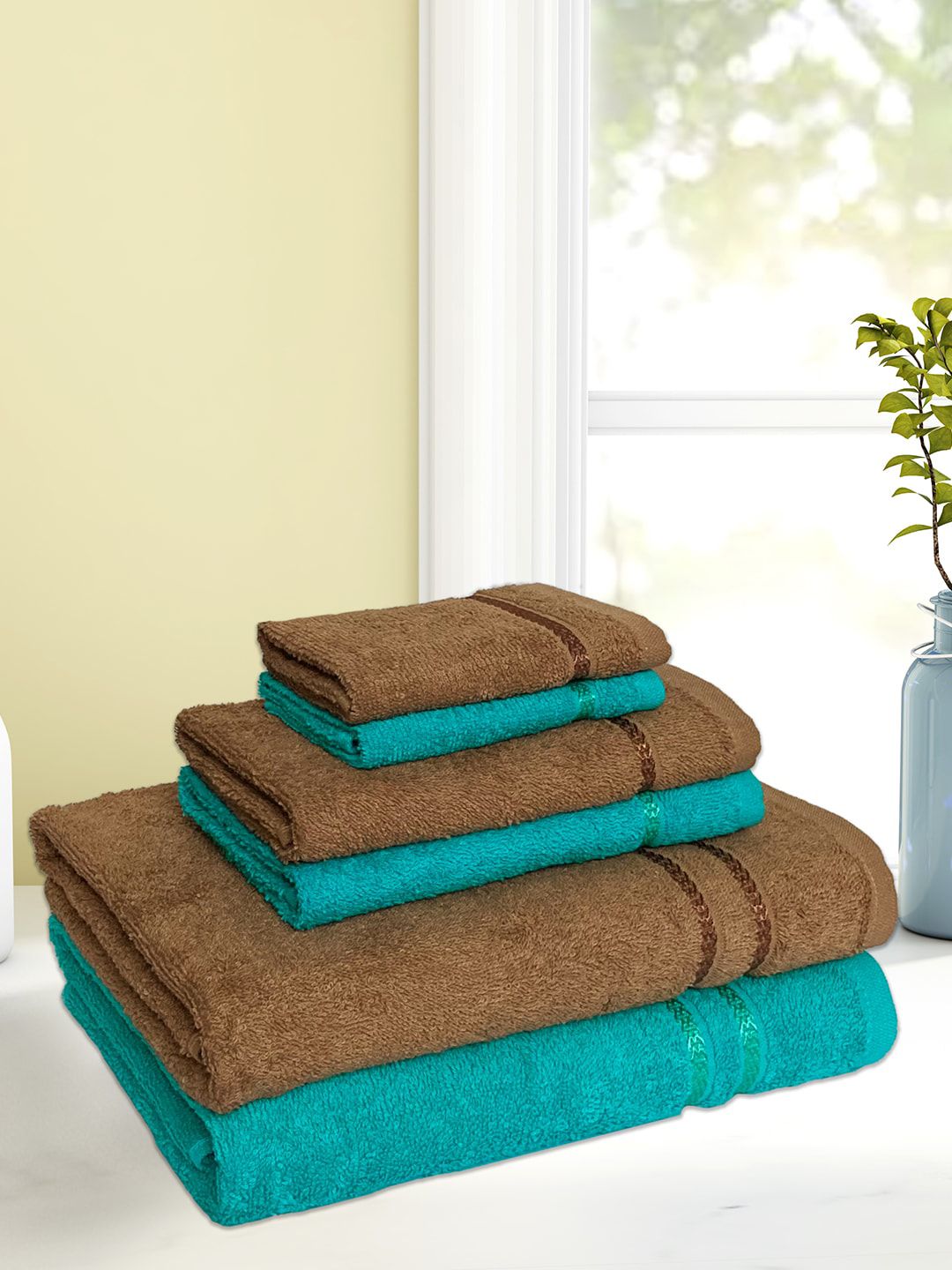 SPACES Set of 6 Sea Green & Tan Brown Solid Pure Cotton 380 GSM Towel Set Price in India