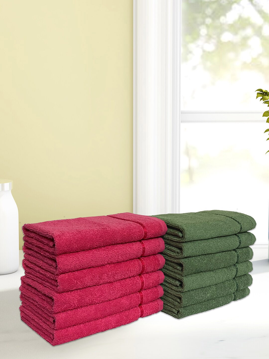 SPACES Unisex Set of 12 Green & Coral Solid 380 GSM Cotton Hand Towel Set Price in India