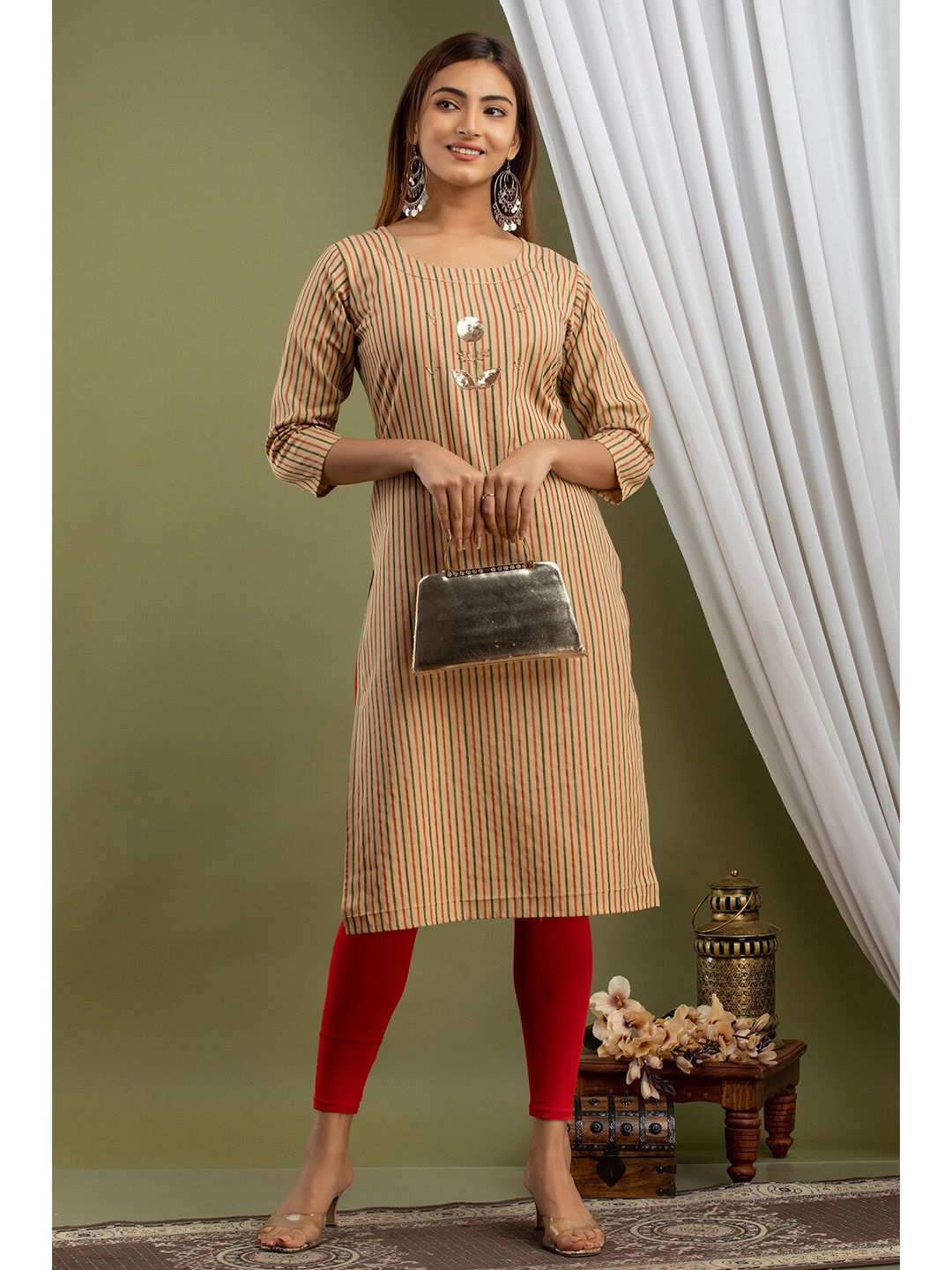 FIDOZA Women Brown Striped Cotton Kurta Price in India