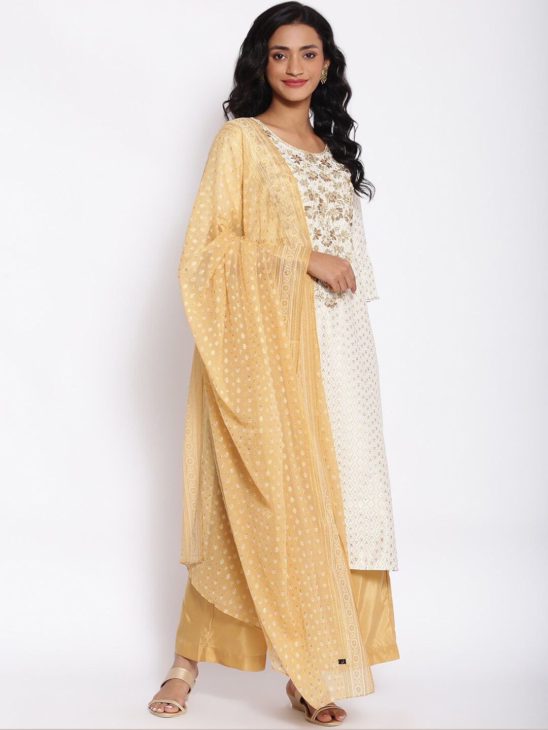 AURELIA Women White Ethnic Motifs Printed Panelled Kurta with Palazzos & With Dupatta Price in India