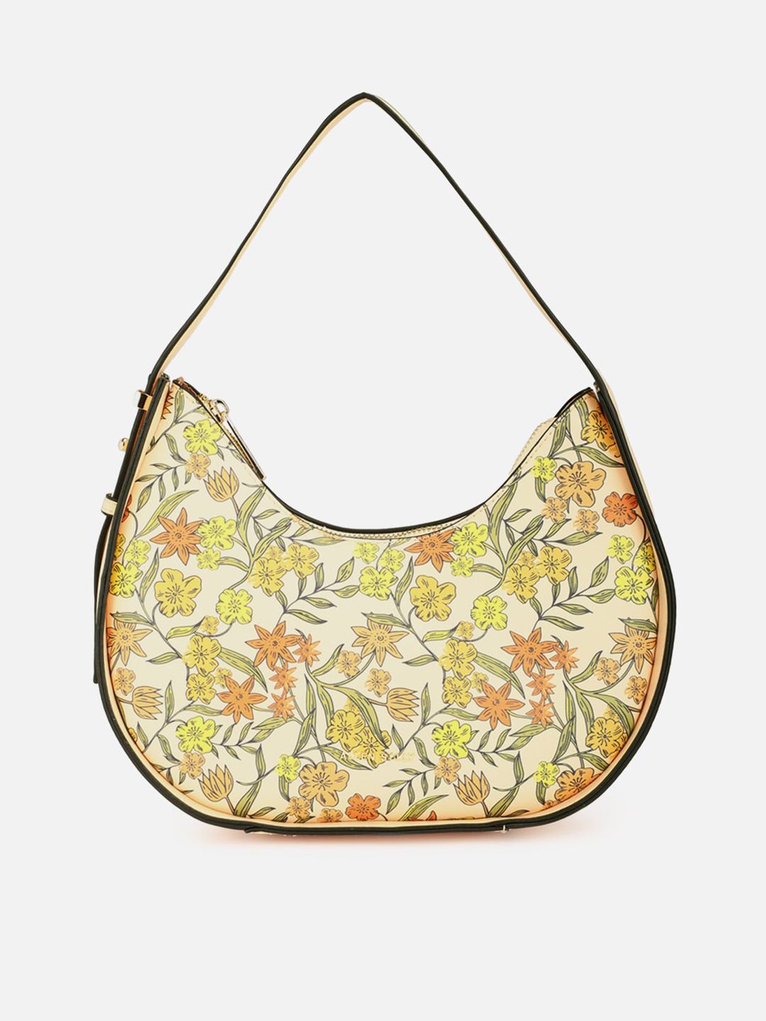 Allen Solly Woman Beige Floral Printed PU Half Moon Hobo Bag with Tasselled Price in India