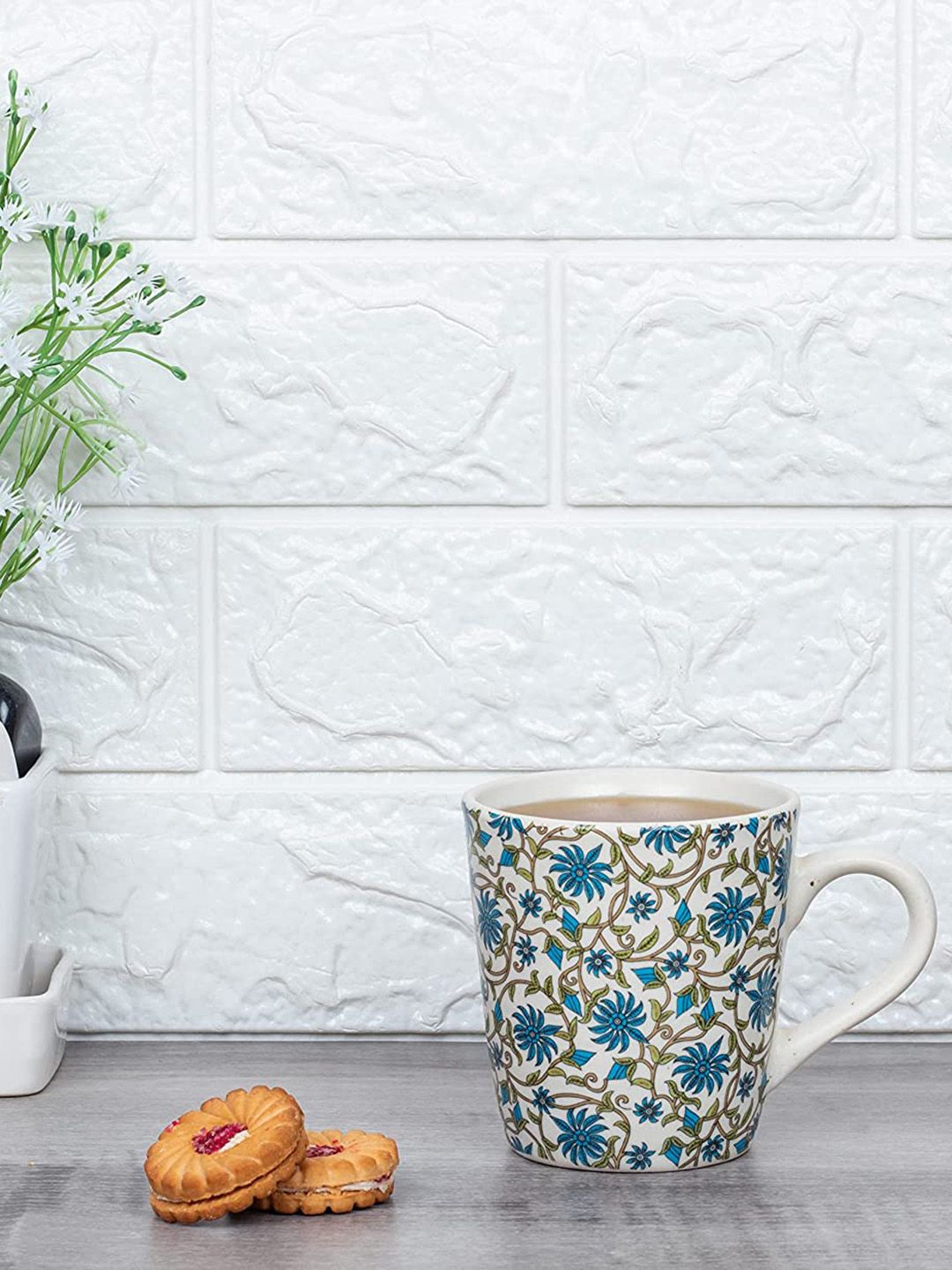 Femora White & Blue Floral Printed Ceramic Matte Set Of 4 Mugs Price in India