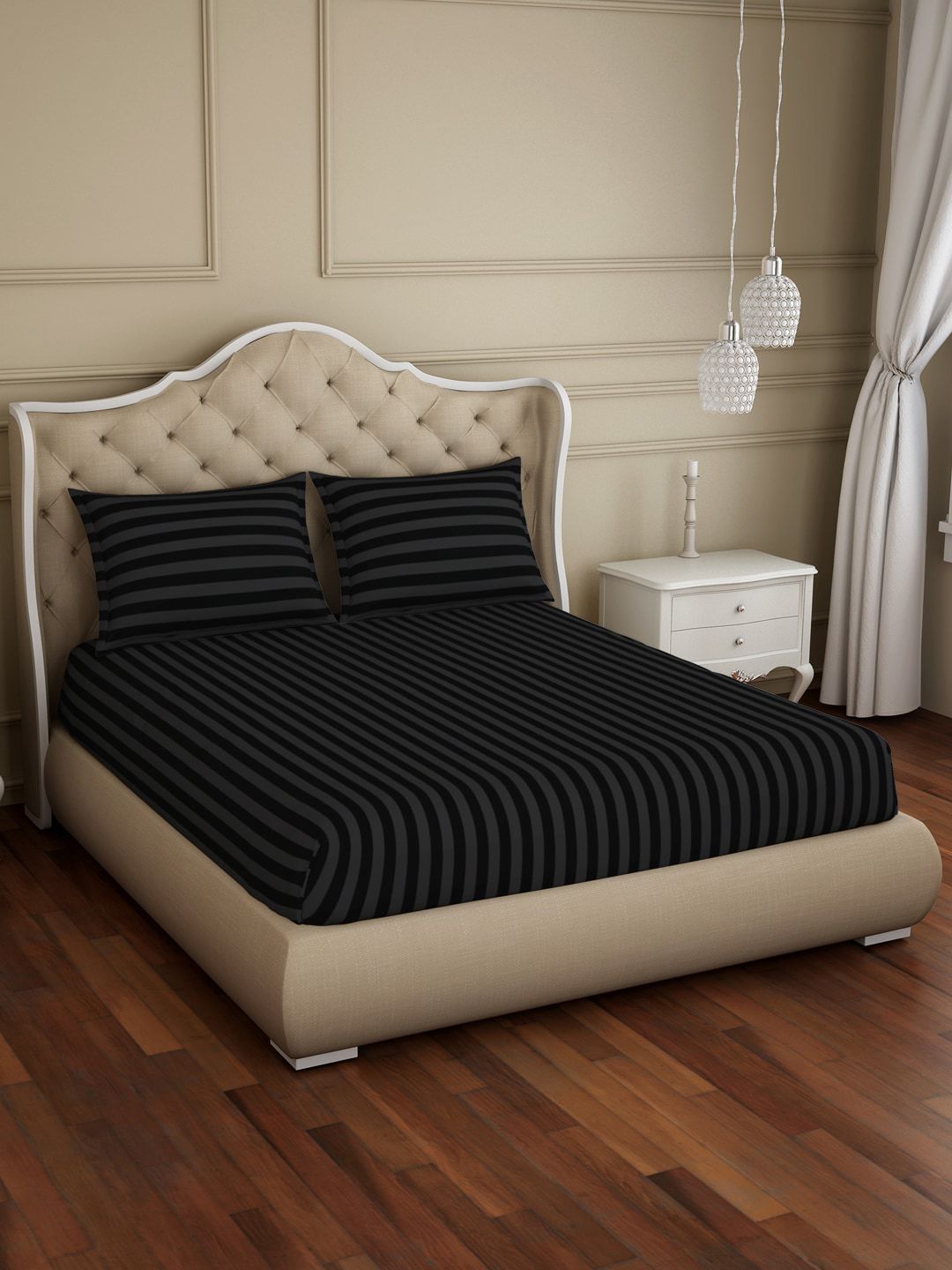 SPACES Black & Grey Striped 210 TC King Bedsheet with 2 Pillow Covers Price in India