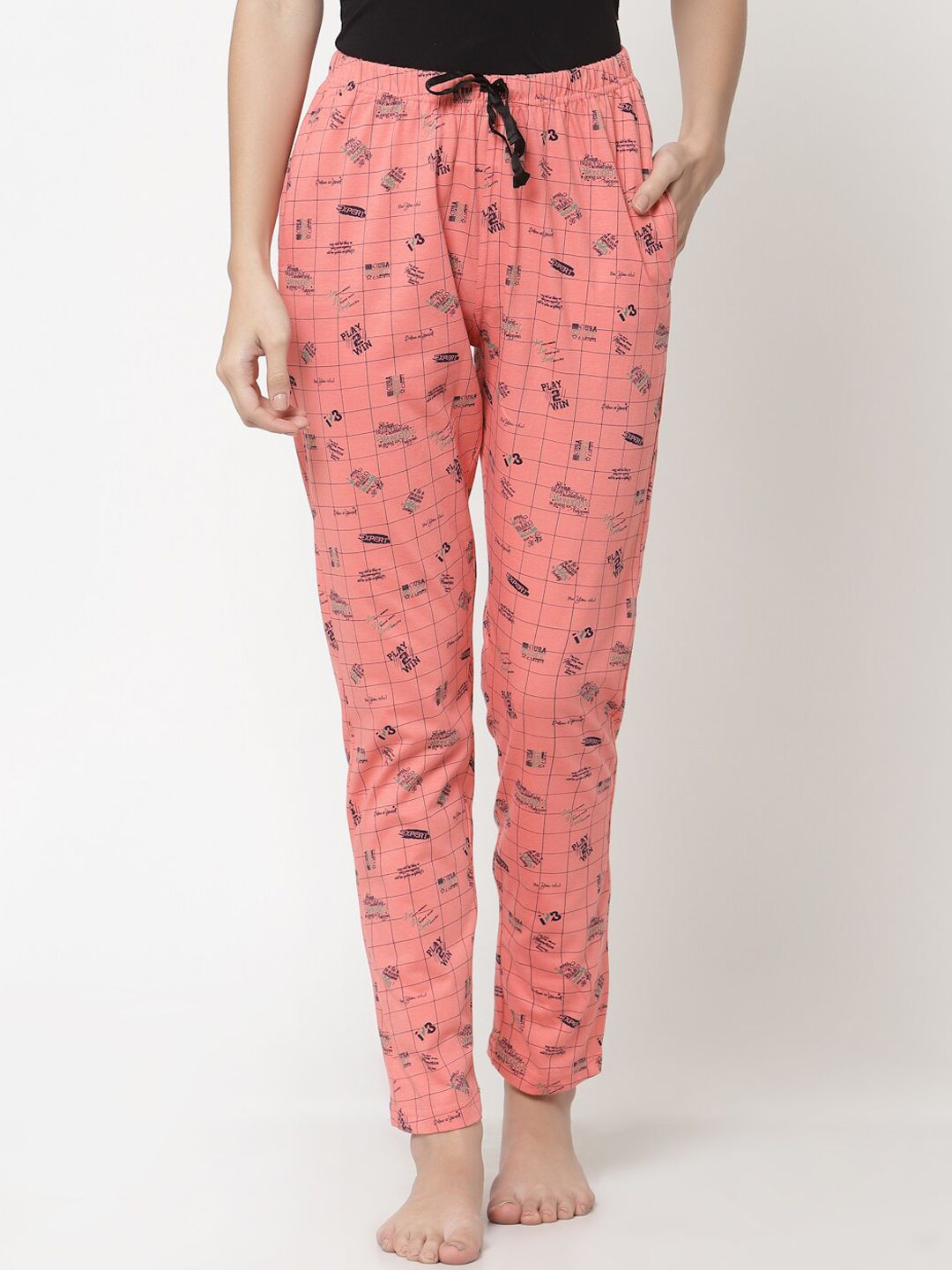 Sweet Dreams Women Peach Coloured Printed Cotton Lounge Pants Price in India