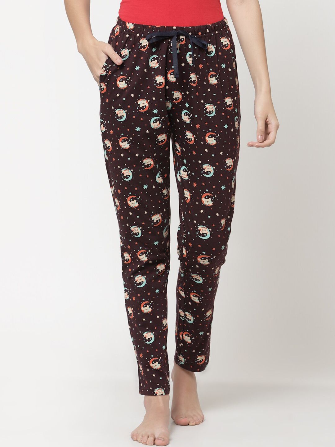 Sweet Dreams Women Burgundy Graphic Print Cotton Lounge Pants Price in India