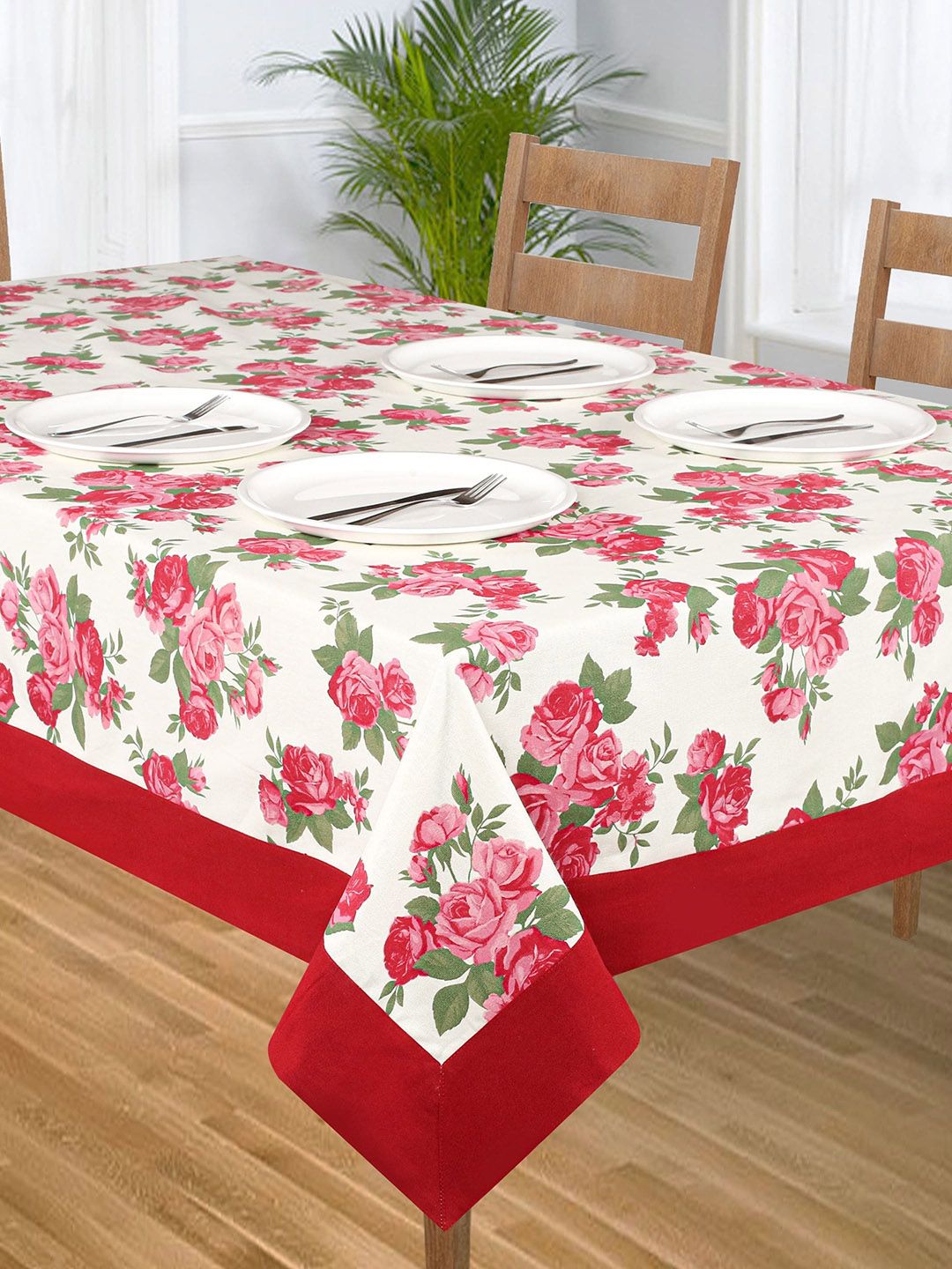 SHADES of LIFE Red Floral Printed 6-Seater Rectangle Cotton Table Cover Price in India