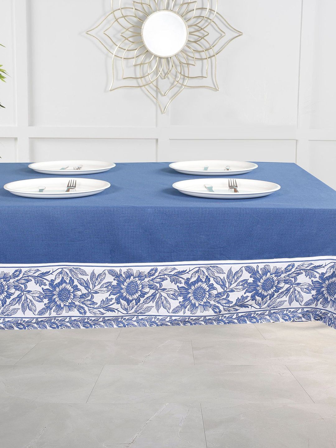SHADES of LIFE White & Blue Printed Rectangle Cotton Table Cover Price in India