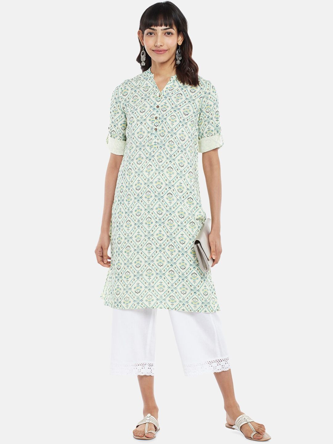 RANGMANCH BY PANTALOONS Women Off White Geometric Printed Thread Work Kurta Price in India