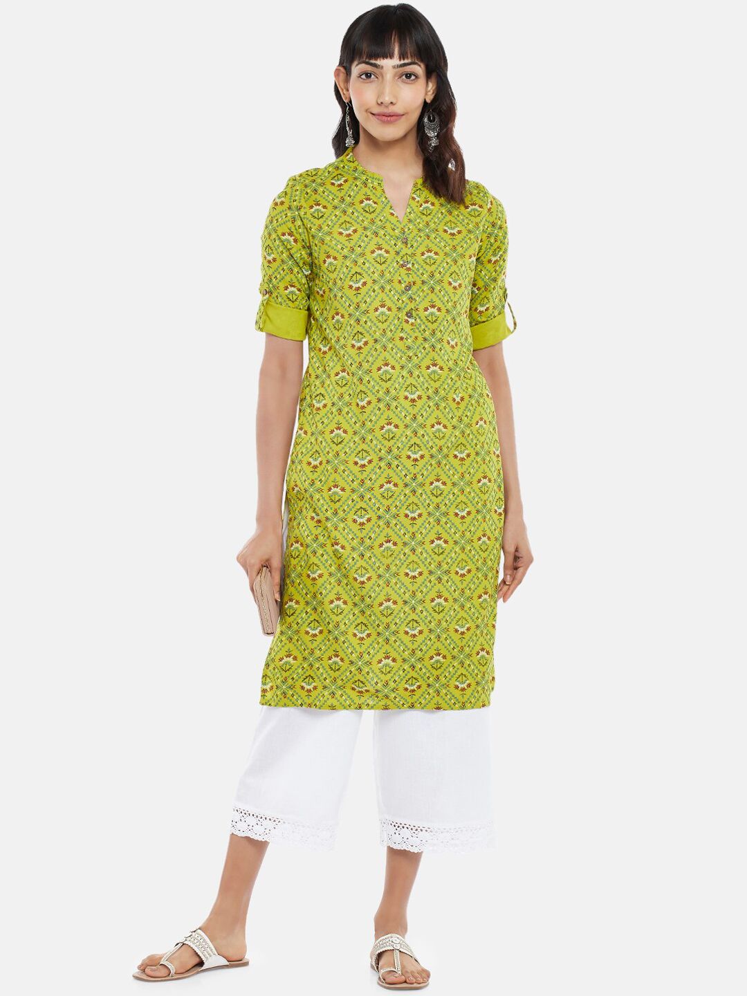 RANGMANCH BY PANTALOONS Women Lime Green Chevron Printed Thread Work Kurta Price in India