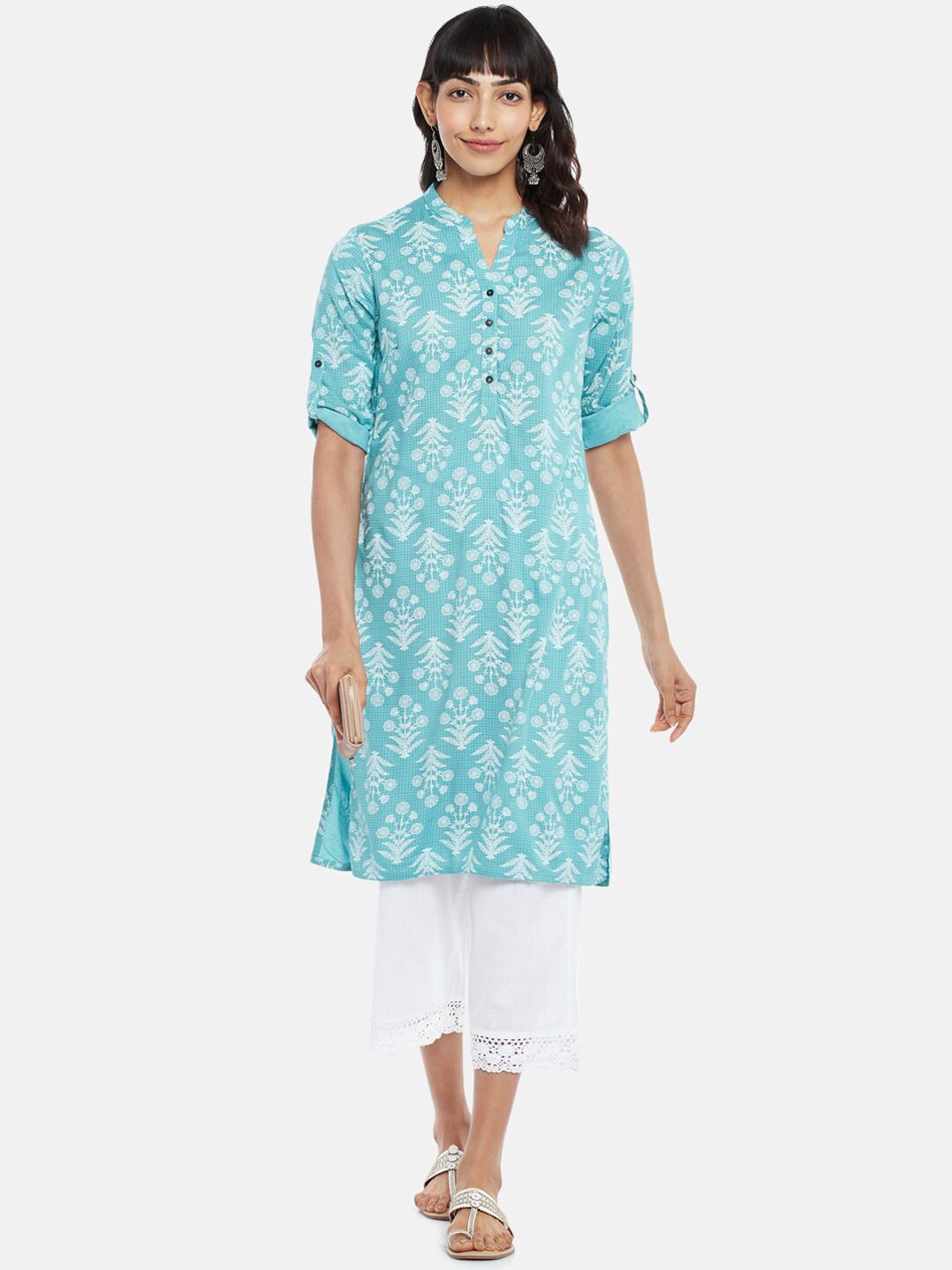 RANGMANCH BY PANTALOONS Women Blue Ethnic Motifs Printed Thread Work Kurta Price in India