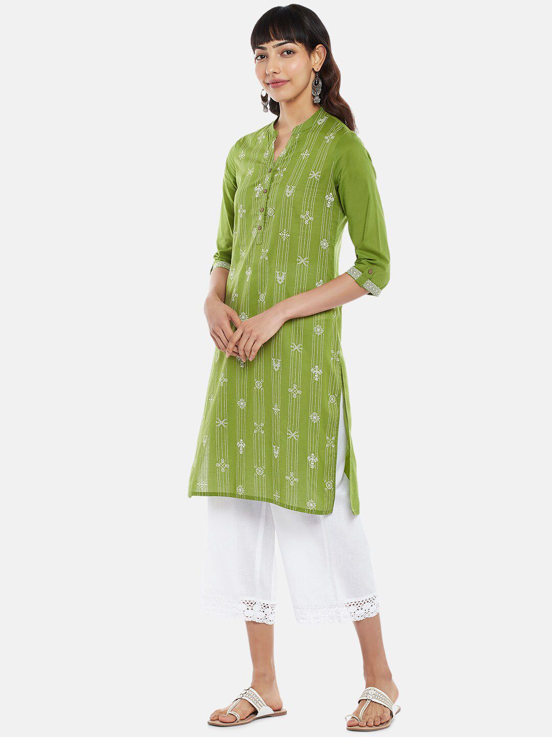 RANGMANCH BY PANTALOONS Women Green Ethnic Motifs Embroidered Kurta Price in India
