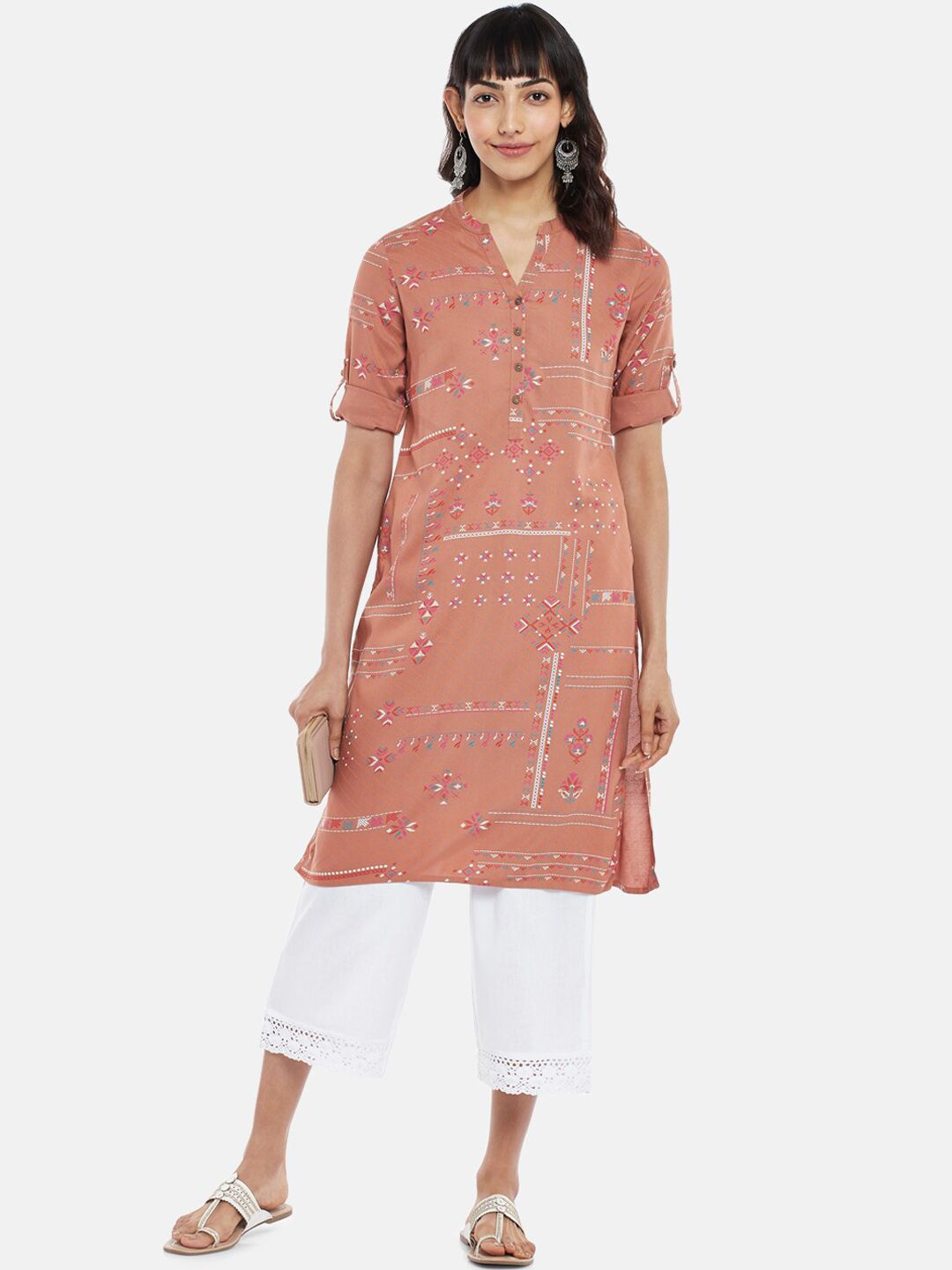 RANGMANCH BY PANTALOONS Women Orange Ethnic Motifs Printed Thread Work Kurta