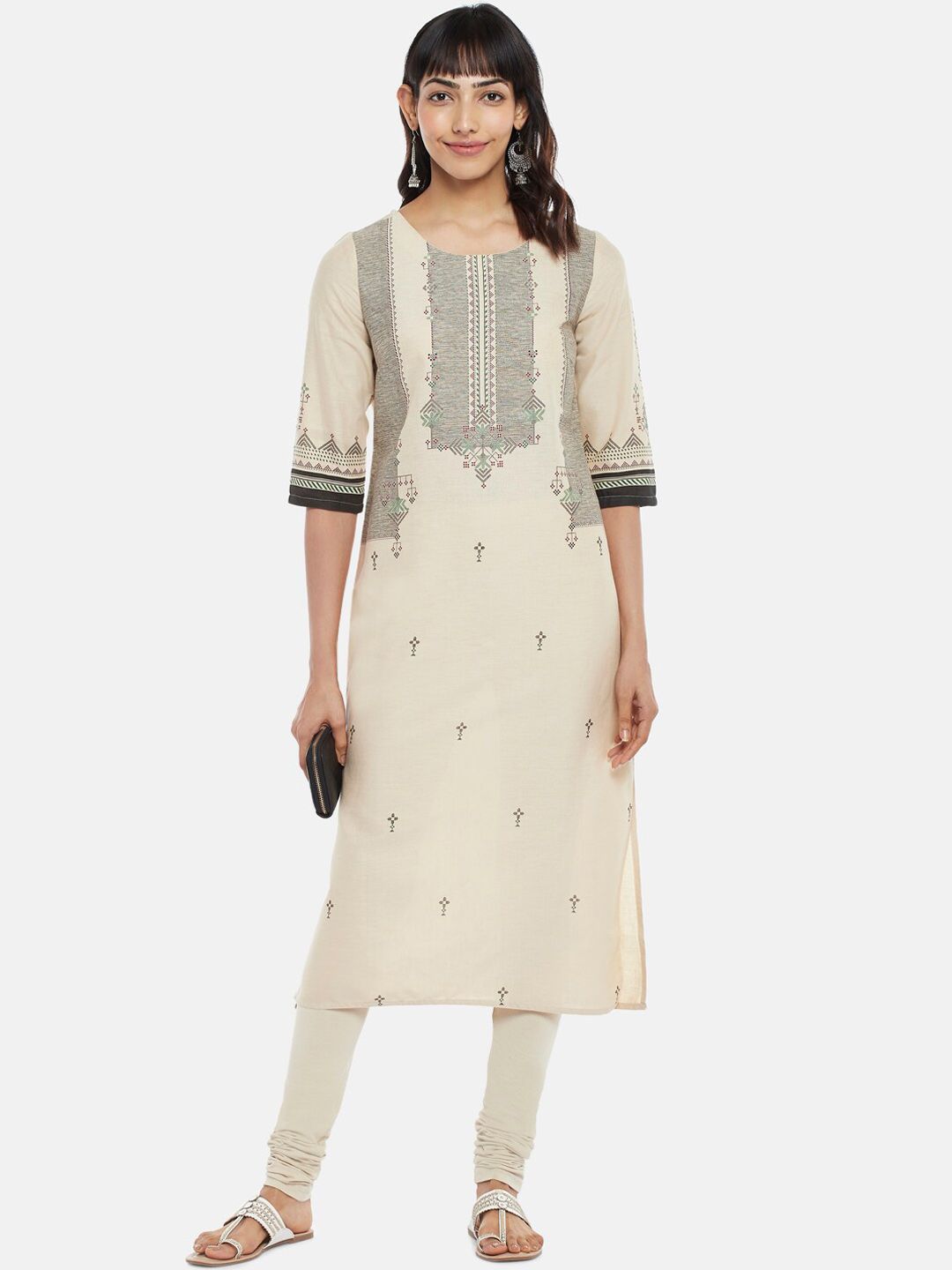 RANGMANCH BY PANTALOONS Women Off White Embroidered Flared Sleeves Mirror Work Kurta Price in India