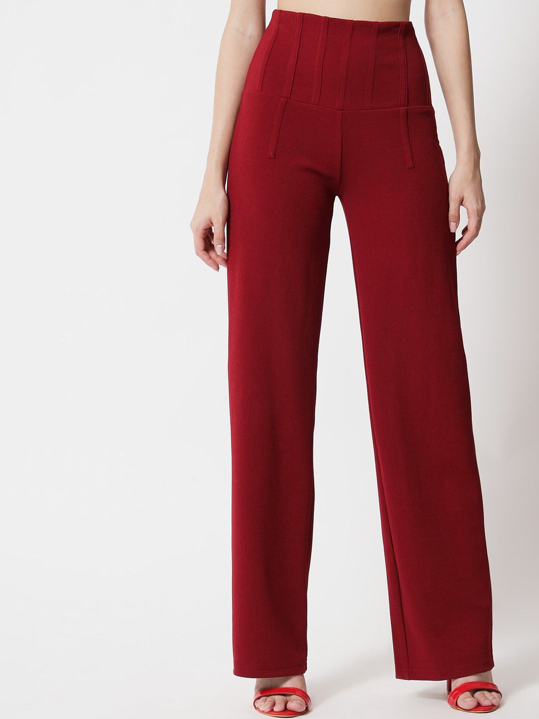 Kotty Women Maroon Relaxed Straight Fit High-Rise Easy Wash Pleated Trousers Price in India