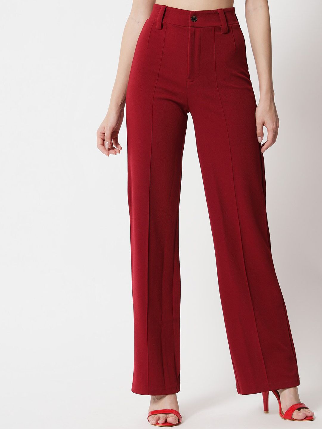 Kotty Women Maroon Relaxed Straight Fit High-Rise Easy Wash Trousers Price in India