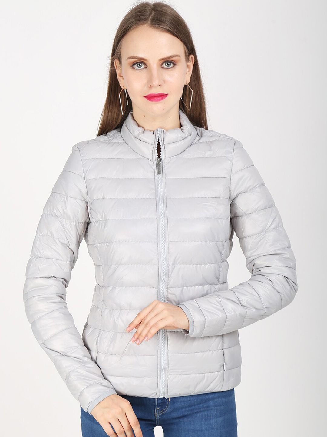 NoBarr Women Grey Colourblocked Longline Puffer Jacket Price in India