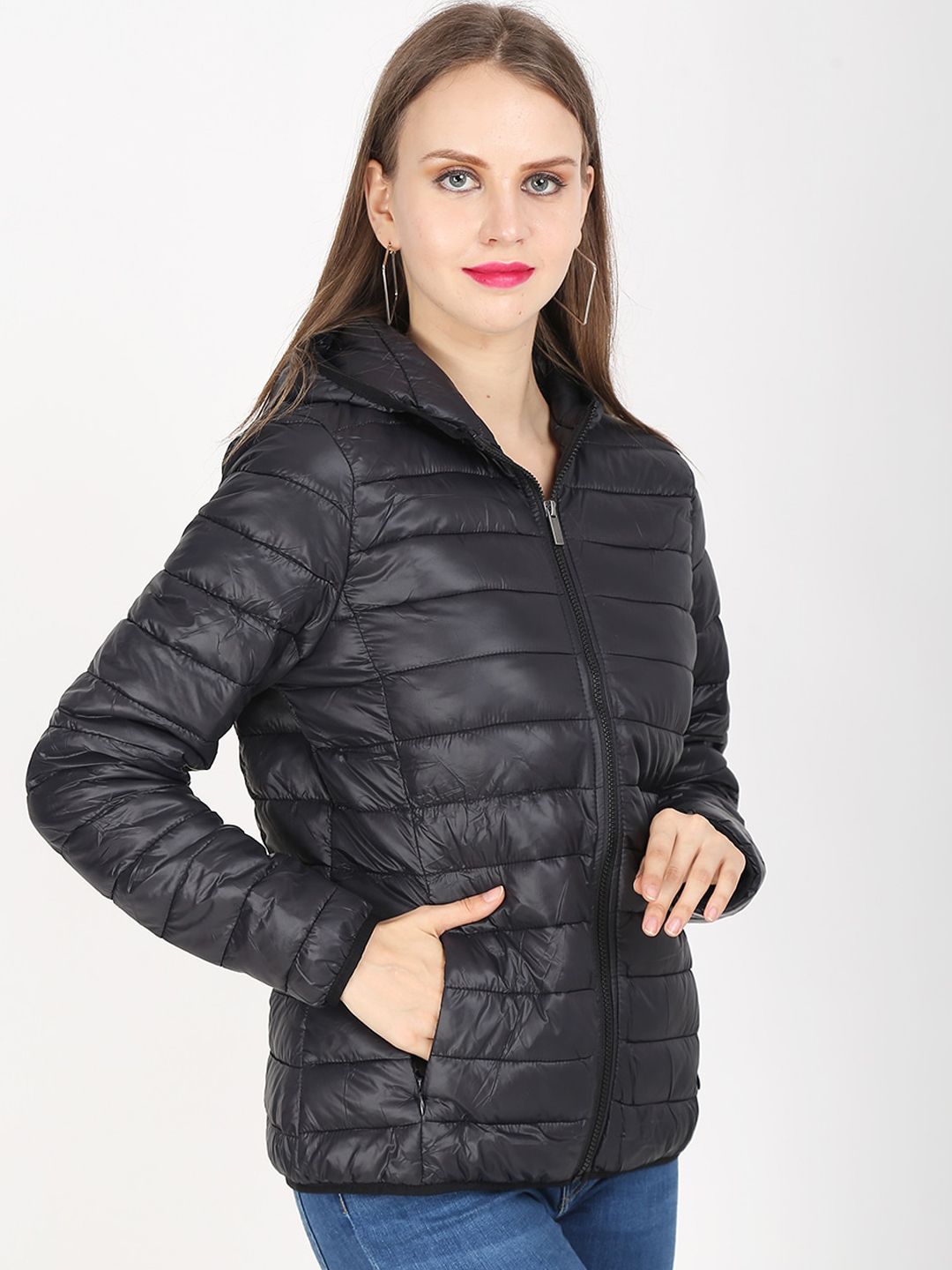 NoBarr Women Black Camouflage Longline Puffer Jacket Price in India