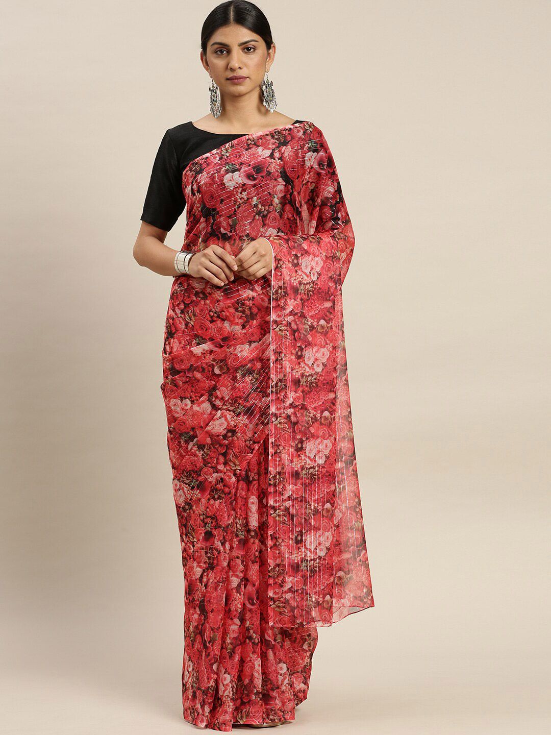 AVANSHEE Red & Black Floral Zari Saree Price in India