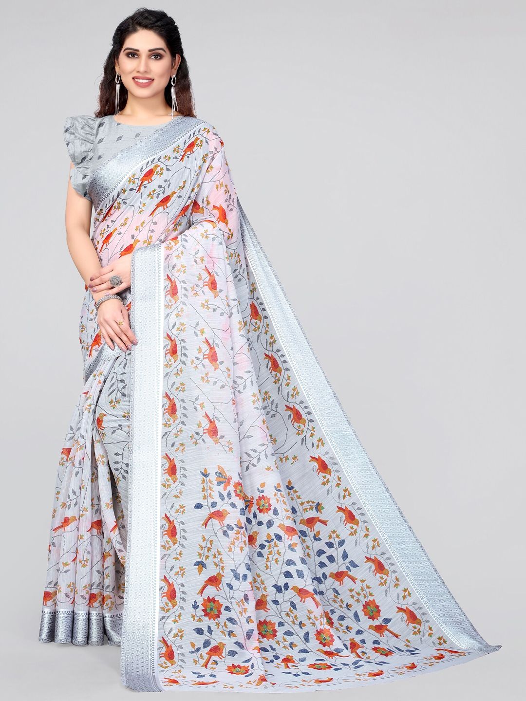 MIRCHI FASHION Grey & Rust Floral Saree