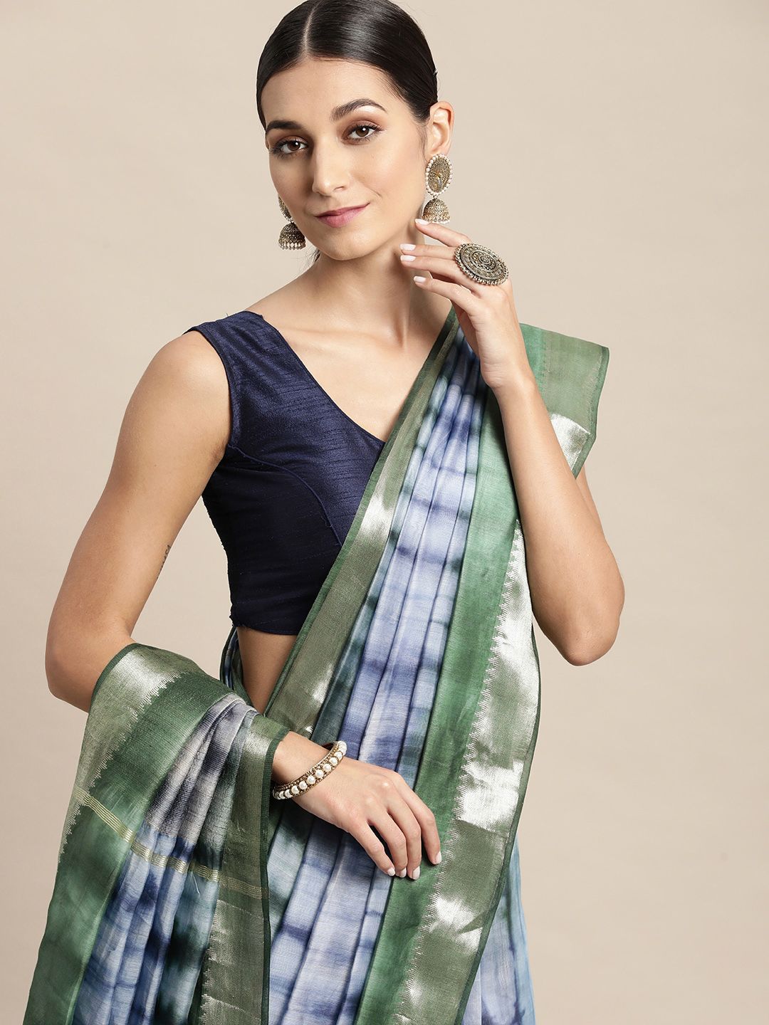 swatika Blue & Green Tie and Dye Pure Silk Bhagalpuri Saree Price in India